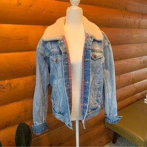 Free People Plaid Lined Denim Jacket Sherpa Collar
